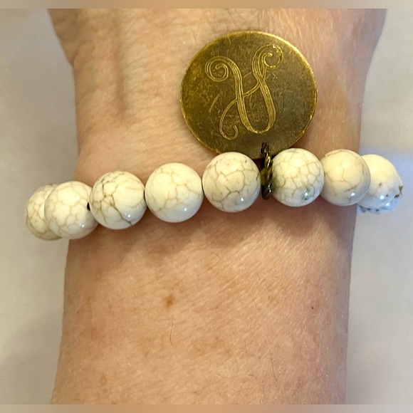 Gemstone bead elastic bracelet w/ A initial charm jewelry - Picture 3 of 16